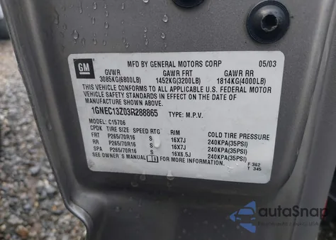 2003 Chevrolet Tahoe Lt z USA, uszkodzony, nr VIN 1GNEC13Z03R288865